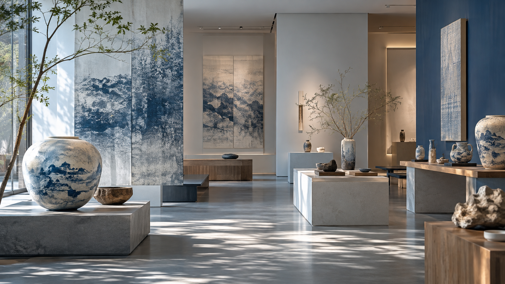 Illustrative gallery with Chinese-inspired ceramics and creative objects
