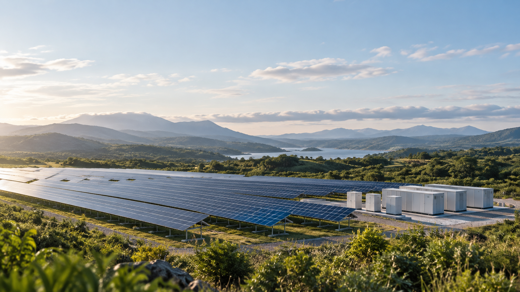 Illustrative solar panels and energy storage in a green landscape