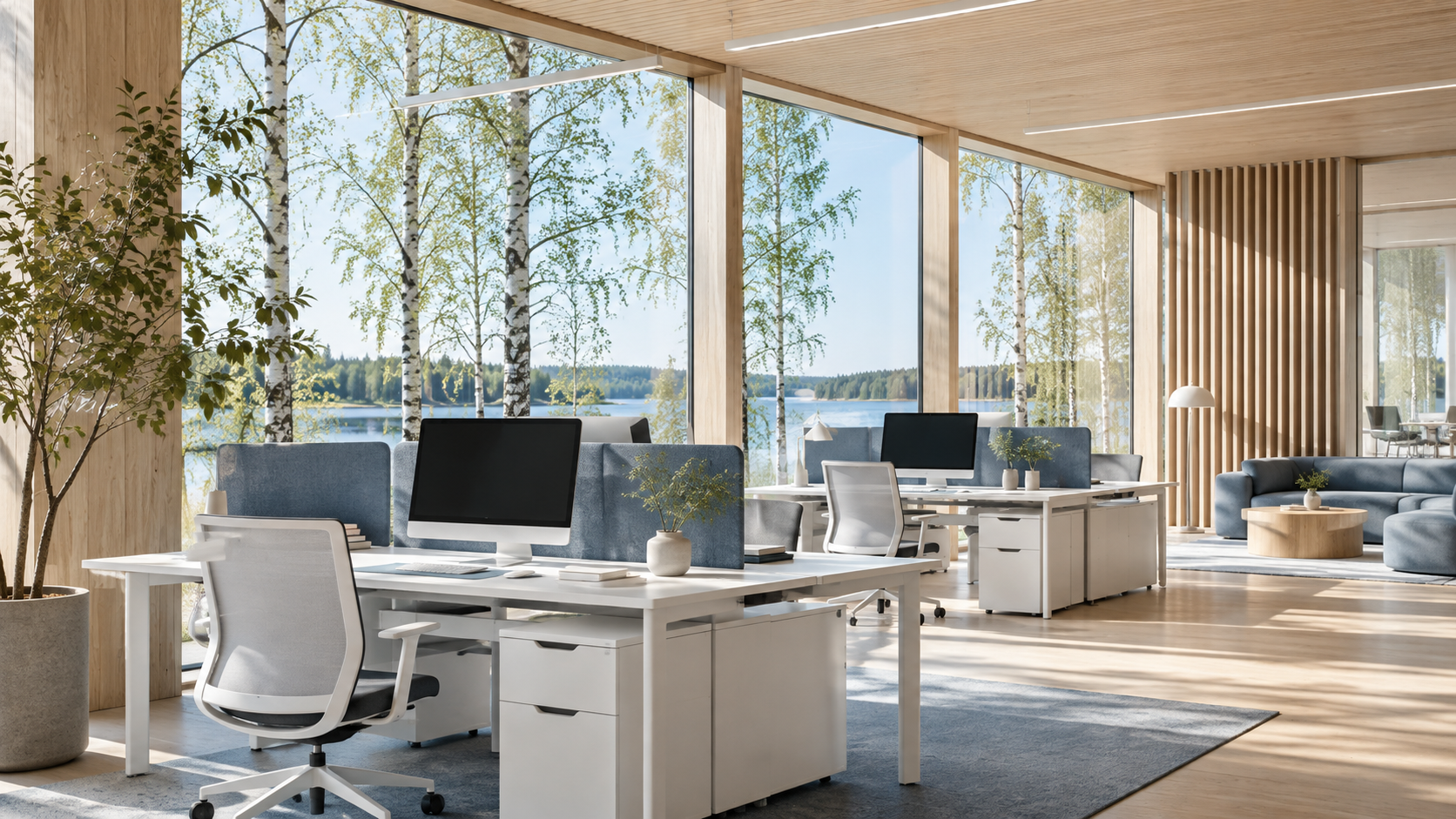 Illustrative Nordic innovation workspace with birch trees outside